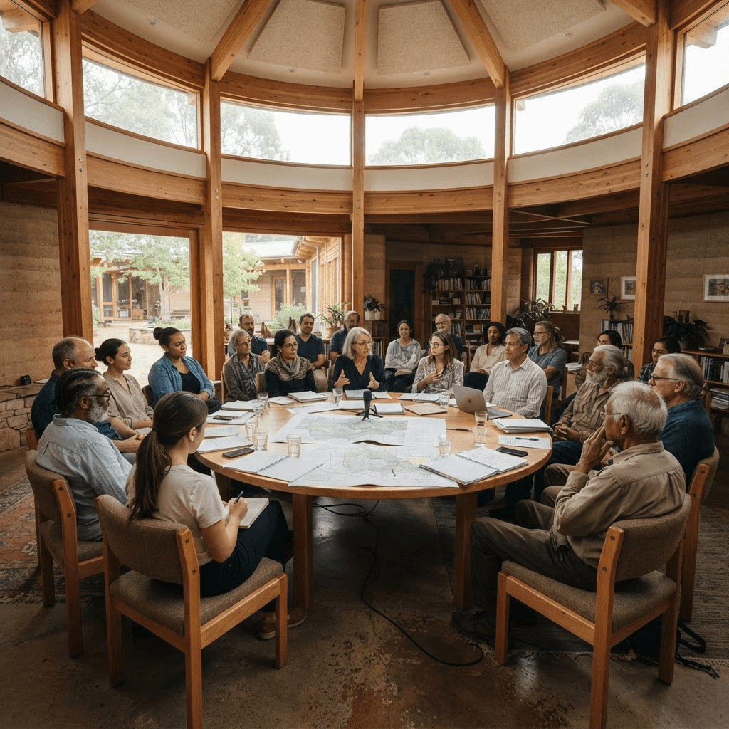 Conceptual rendering of a Sanctum Village circular community council — diverse adults in accountable, participatory discussion