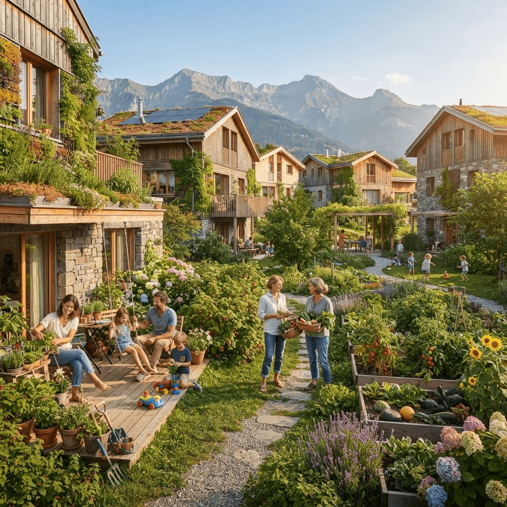 Conceptual rendering of Sanctum Village family homes and shared gardens