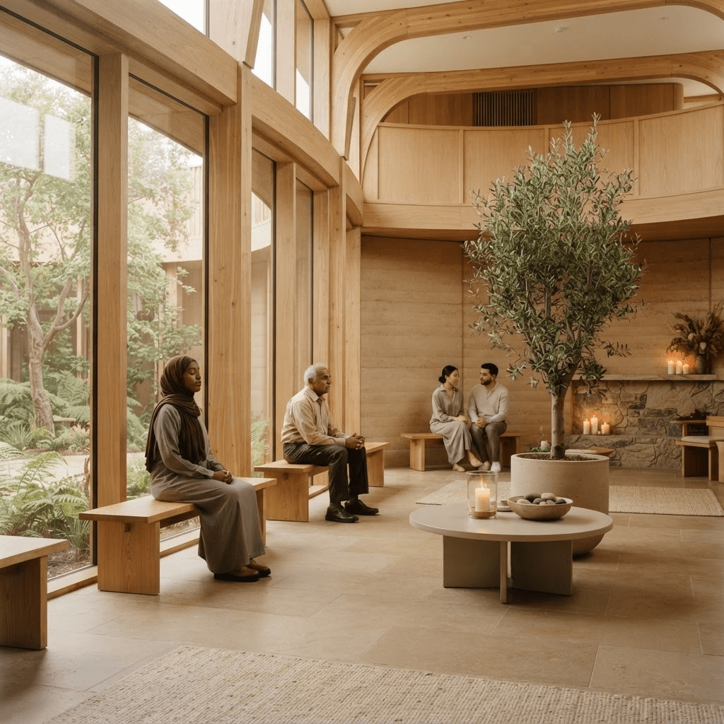 Conceptual rendering of the Sanctum Temple — a quiet interfaith contemplation space